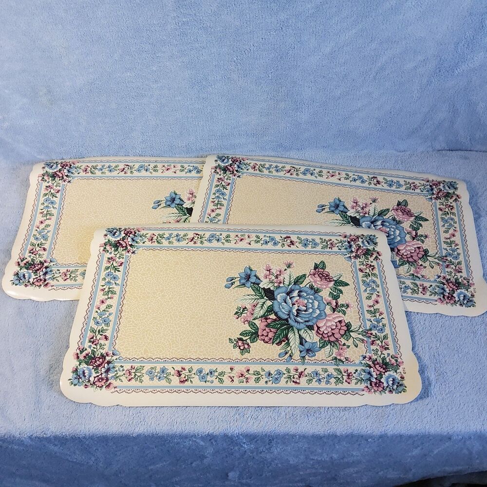 (3) Vintage 1990s Town & Country Linen Vinyl Placemats Vanessa Floral Blue Pink